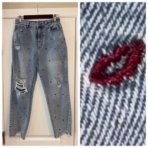 Y2K Tinsel High Waist Embroidered With Random Lips Distressed Jeans
